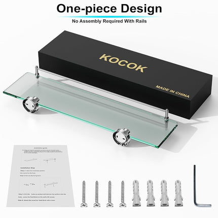 KOCOK 20 Inches Glass Shelves for Bathroom, Chrome Polished Floating Glass Shelf Stainless Steel Tempered Glass Bathroom Shelves for Wall Mount Modern