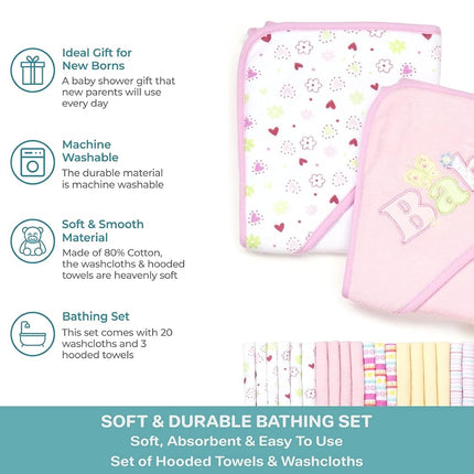 Spasilk Bath Hooded Towels & Washcloths Set for Babies, 23-Piece Gift Set, Pink