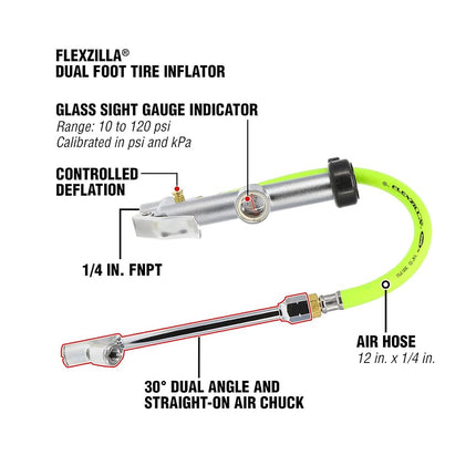 Flexzilla Dual Foot Tire Inflator with 12" Hose Glass Sight Gauge (10 to 120 psi)