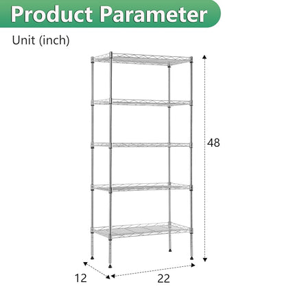 BestOffice | 5-Tier Wire Storage Shelves | 22x12x48 | Chrome | with Adjustable Racks | Heavy-Duty Metal Shelf, Holds Upto 750 lbs | No-Tool Assembly | Ideal for Home & Garage Shelving