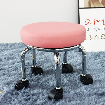 WKWKER Modern Roller Seat PU Leather Low Round Rolling Stool 360 Swivel Small Stool with Universal Caster Wheels for Home Office Garage Shop Fitness Sport H:12.4" (Pink)