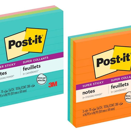 Post-it Super Sticky Notes, 4x4 in, 3 Pads, 2X The Sticking Power, Assorted Bright Colors, Lined (675-3SSMX)