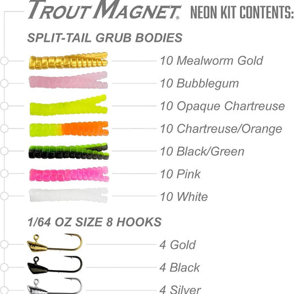 Kit Néon Trout Magnet Leland Lures 87659 - 70 corps de grub et 15 hameçons taille 8.