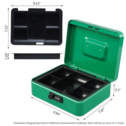 KYODOLED Large Cash Box with Combination Lock,Safe Metal Box for Money, Storage Lock Box with Money Tray,9.84"x 7.87"x 3.54" Green Large