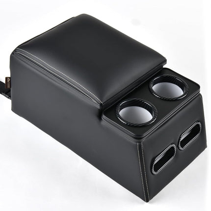 Coverado Car Center Console, Consolas universales para asientos traseros, Organizador y almacenamiento de asientos de camión, Organizador de coche para asientos traseros con portavasos, Caja de reposabrazos central (Regular, Negro)