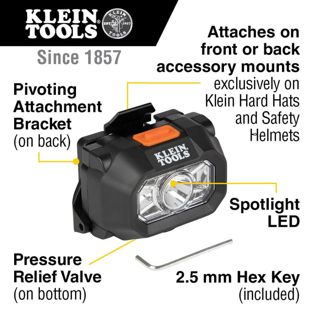 Linterna frontal LED intrínsecamente segura IP67 Klein Tools 60156 para áreas peligrosas, se monta en cascos y cascos de seguridad Klein