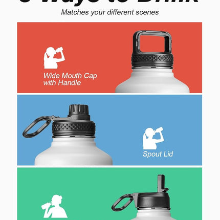 Coolflask Half Gallon Water Bottle Insulated with Straw & 3 Lids, 2 L Water Jug Large Metal Stainless Steel Wide Mouth for Sports, Gym or Office, Non-BPA Keep Cold 48H Hot 24H, White