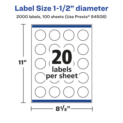 Avery Matte White Round Labels with Sure Feed, 1.5" Diameter, 2,000 Matte White Printable Labels