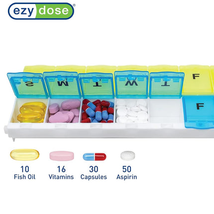 EZY DOSE Pill Organizer Weekly AM/PM (7-Day), Medicine Planner, Vitamin Case/Box, 2X-Large Locking Compartments to Secure Prescription and Prevent Accidental Spilling, Blue and Yellow, BPA Free
