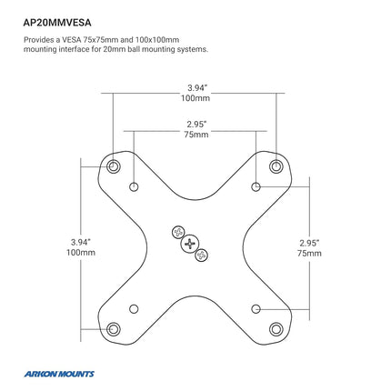 ARKON VESA-Compatible VESA 75 / VESA 100 to 20mm Ball Mount Bracket Adapter, Black (AP20MMVESA)
