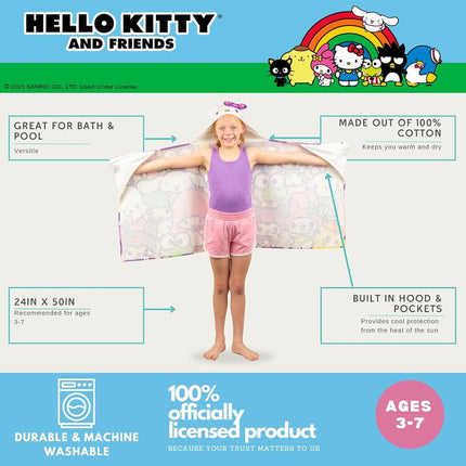 Hello Kitty et ses amis - Peignoir de bain/piscine/plage à capuche en coton éponge ultra doux pour enfant, 61 x 127 cm (produit sous licence officielle) par Franco