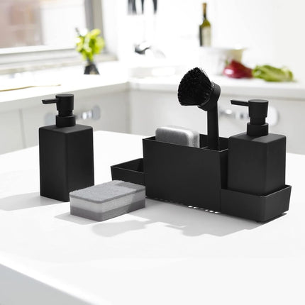 YAUKPH Kitchen Soap Dispenser with Sponge Holder Set for Sink Caddy (Double soap dispensers and 1 Brush) Matte Black