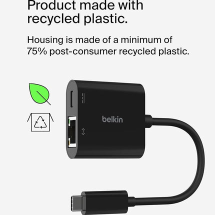 Belkin Connect USB-C to Ethernet + Charge Adapter 100W w/Gigabit Ethernet Port and USB-C Port - [10/100/1000] Mbps for Fast Internet Connection - Compatible with iPhone 16, 15, Galaxy S24 & More