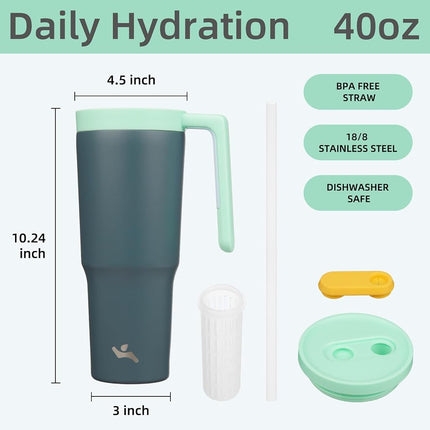 Vaso Térmico Aislado Konokyo con Asa y Popote, de 40 OZ, Botella de Agua de Acero Inoxidable al Vacío, Taza de Viaje de Metal con Difusor de Frutas, Gris Noche