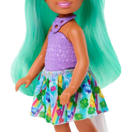 Muñeca Pequeña Barbie Dreamtopia Chelsea Unicornio con Cola Desmontable, Accesorio Diadema con Cuerno y Cabello Verde, Se Dobla por la Cintura
