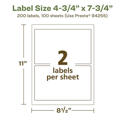Avery EcoFriendly Matte White Recycled Rectangle Labels, 4.75" x 7.75", Print-to-The-Edge, Matte White Labels, Permanent Label Adhesive, Laser/Inkjet, 200 Printable Labels