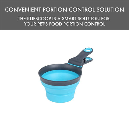 Dexas Popware for Pets Collapsible Klip Scoop, 3 in 1 Design Convenient Measuring Cup, Food Scooper and Bag Clip, 1Cup Capacity Pet Food Scoop, Versatile Food Measuring Cups Portion Control Gray/Blue