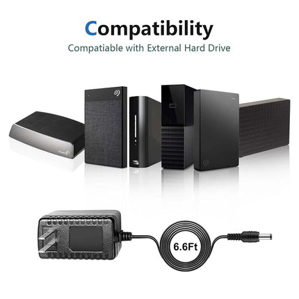 12V AC/DC Charger Power Supply Compatible for Seagate Hard Drive, Freeagent Goflex, WD Western Digital My Book External Hard Drive Adapter Power Cord
