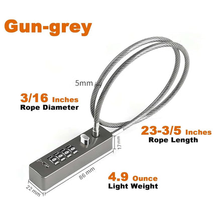 Tcyoatoa Cable Locks Combination, 23-3/5'' Length Steel Cable Rope 4-Digit Combination Lock Resettable Code for Bikes, Lockers, File Cabinets, Wardrobes, Small Fences, Refrigerator Door(Gun-Grey)
