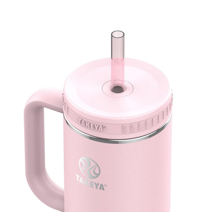 Takeya Straw Tumbler with Handle - for Coffee, Water & More - Durable with Built-in Silicone Coaster & 2 Straws - Double Stainless Steel Insulation - 40 oz, Blush