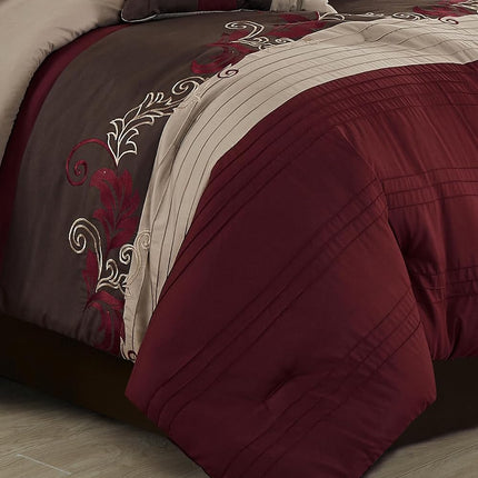 Chezmoi Collection Napa 7-Piece Luxury Leaves Scroll Embroidery Bedding Comforter Set (Queen, Burgundy/Taupe/Brown)