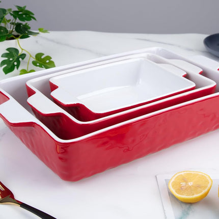 GarveeHome Baking Dishes Set of 3, Ceramic Bakeware Set with Handles, Porcelain Baking Pan Casserole Dishes for Oven and Microwave, Deep Lasagna Pan for Baking, Cooking, Wedding Gift - Red