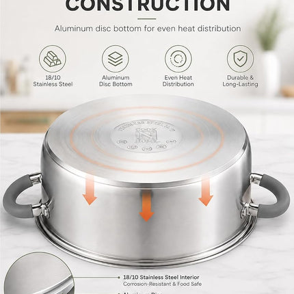 Cook N Home Cookware Basic Pots and Pans, 12 Piece Set, Stainless Steel Grey Silicone Handle