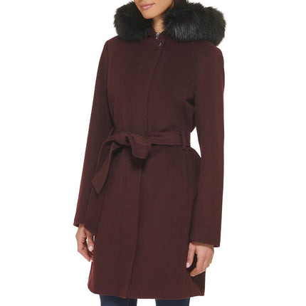 Cole Haan Women's Hooded Coat Slick Wool with Detatchable Faux Fur Trim, Bordeaux, 10