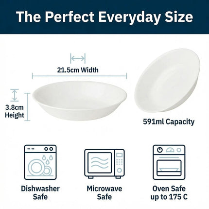 Corelle Pasta 6 Piece Bowl Set – Durable Tempered Glass Resists Chips & Cracks – Lightweight Space-Saving Design with Non-Porous Easy-Clean Surface – 591ml Capacity, Winter Frost White