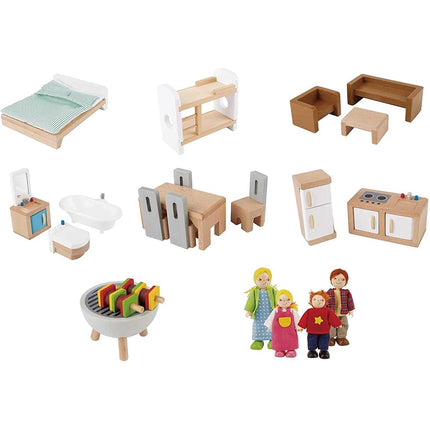 Sustainable Wood Toy, Hape Doll Family Mansion Playset With 4 Figures, 6 Rooms, 2 Balconies, 7 Room Sets and Barbecue. 3 years +
