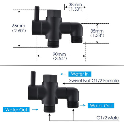 YDmeet Metal Shower Diverter Valve, 3 Way Shower Head Diverter for Handheld Showerhead and Fixed Rainfall Shower Head, Universal G1/2 Bathroom Shower System Replacement Part, Matte Black