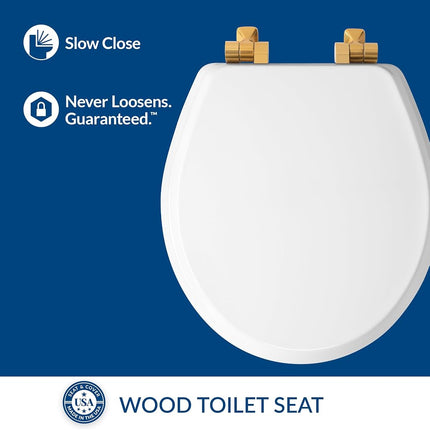 Mayfair 826BGSL 000 Asiento de inodoro Benton con bisagras de oro cepillado, cierre lento y nunca se afloja, redondo, madera esmaltada duradera, blanco