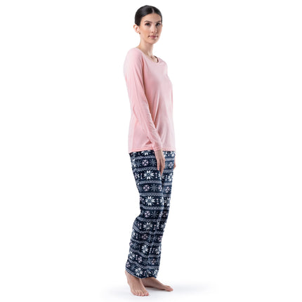 Fruit of the Loom Women's Sueded Jersey Crew Top and Fleece Pant Sleep Set, Soft Pink/Fairisle, 4XL Plus