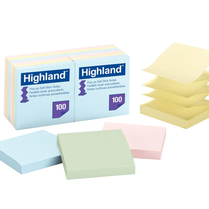 Highland Pop-up Sticky Notes, 3 x 3 Inches, Assorted Pastel Colors, 12 Pack (6549-PUA)