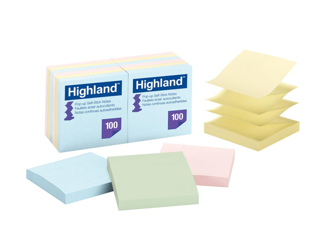 Notes repositionnables Highland, 76 x 76 mm, Couleurs pastel assorties, Paquet de 12 (6549-PUA)