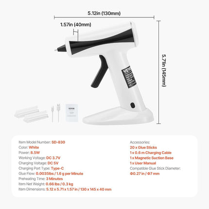VEVOR Hot Glue Gun, Rechargeable Cordless Glue Gun, Mini Wireless Hot Glue Gun Kit with 2200mAh Battery, 20 Pcs Glue Sticks, Fast Preheating & High Temp, for Crafts, Arts, DIY, Quick Home Repairs