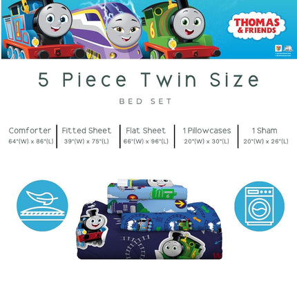 Juego de Sábanas y Edredón Súper Suave para Niños de Franco Thomas & Friends con Funda, Tamaño Twin de 5 Piezas (Producto con Licencia Oficial)