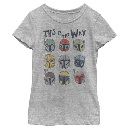 STAR WARS La camiseta de niña de The Mandalorian con diferentes cascos mandalorianos, gris jaspeado deportivo, pequeña