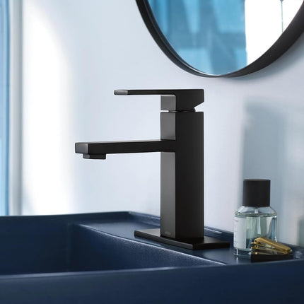 Moen Revyl Matte Black One-Handle Single Hole Modern Bathroom Sink Faucet with Optional Deckplate and Spring Loaded Drain Assembly, 84771BL