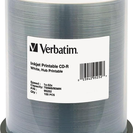 Verbatim CD-R 700MB 52X White Inkjet Hub Printable Recordable Media Disc - 100pk Spindle