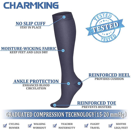 CHARMKING Compression Socks for Women & Men (8 Pairs) 15-20 mmHg Graduated Copper Support Calf Socks are Best for Pregnant, Nurses - Boost Performance, Circulation, Knee High Wide Calf(S/M, Multi 44)