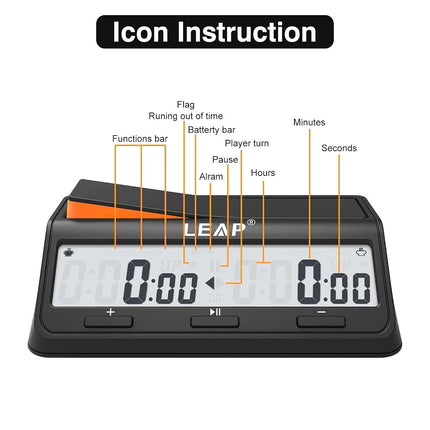 LEAP Chess Clock Digital Chess Timer Advanced for Board Game and Chess Timer with Bonus & Delay Count Down up Alarm Black/Orange