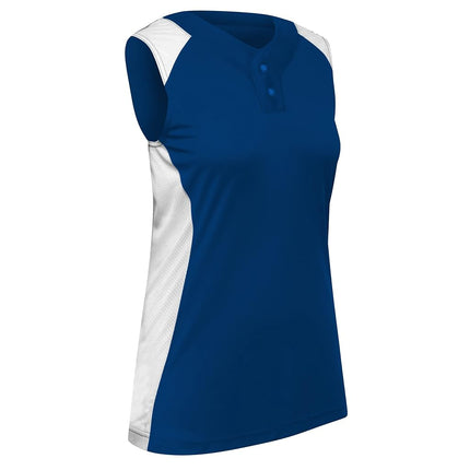 Camiseta de sóftbol sin mangas CHAMPRO Infinite de 2 botones para niña, Royal, White