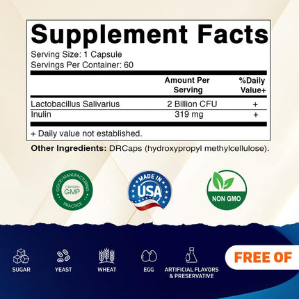 Vitamatic Lactobacillus Salivarius 2 Billion per DR Capsule - 60 Count - Digestive Support - Made with Prebiotic Inulin Fiber