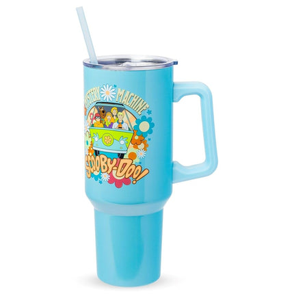 Silver Buffalo Scooby Doo Mystery Machine Featuring Shaggy, Velma, Fred and Daphne Stainless Steel Tumbler with Handle and Straw, Fits in Standard Cup Holder, 40 Ounces