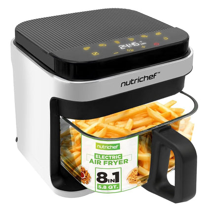 Nutrichef 5.5L Air Fryer with Transparent Glass Basket & Visible Cooking Window, 8 in 1 Preset Cook Modes, Precise Temperature Control & Timer, Easy Clean Dishwasher Safe, White
