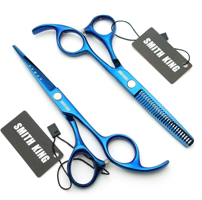 Ciseaux de coiffure 5,5 pouces avec peignes rasoirs et étui en cuir, ciseaux de coupe de cheveux et ciseaux désépaississeurs pour usage personnel et professionnel (bleu)