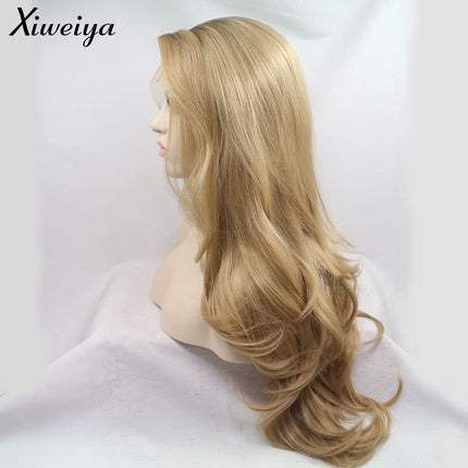 Xiweiya Long Natural Wave Ombre Brown Blonde Synthetic Lace Front Wigs Side Part Heat Resistant Fiber Hair Wigs For Women Replacement Everyday Wigs