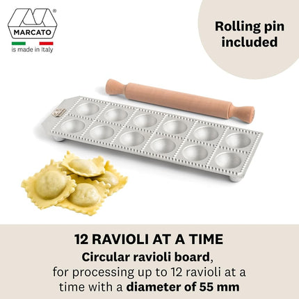Marcato Ravioli Maker Press - 50 mm Round Cut Machine With Ample Filling Space, Wooden Rolling Pin Included, Made in Italy