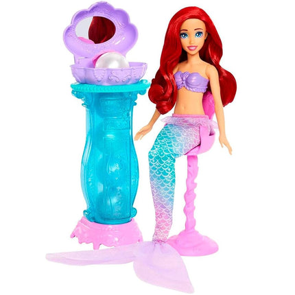 Mattel Disney Princess Toys, Mermaid Arielle Fashion Doll with Removable Tail Fin, Dressing Table with 5 Repeatable Pop-Up Surprises and 5 Accessories, JBF86